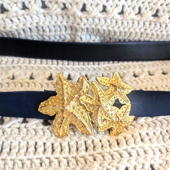 Vintage Mimi Di N 1989 24K Gold Plated Starfish Two Piece Buckle & Leather Belt - Picture 3 of 11